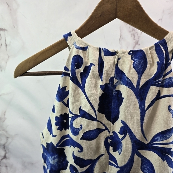 Eliza J Dress Women 8 Medium Floral White Blue Sheath A Line Pleated Tank Flare - Picture 6 of 12
